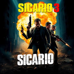 An electrifying poster design for 'Sicario 3,' featuring the three main characters holding weapons in a dramatic action scene