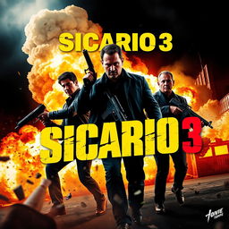 An electrifying poster design for 'Sicario 3,' featuring the three main characters holding weapons in a dramatic action scene