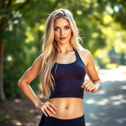 A confident European woman aged 35, with long, light blonde hair and striking blue eyes