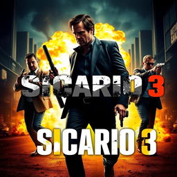 A thrilling poster design for 'Sicario 3,' showcasing the three main characters in a dramatic action scene, all holding weapons