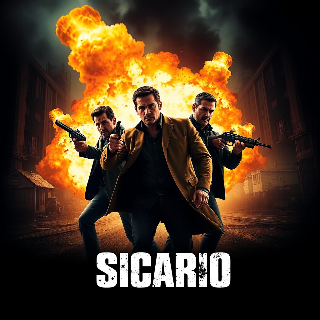 A thrilling poster design for 'Sicario 3,' showcasing the three main characters in a dramatic action scene, all holding weapons