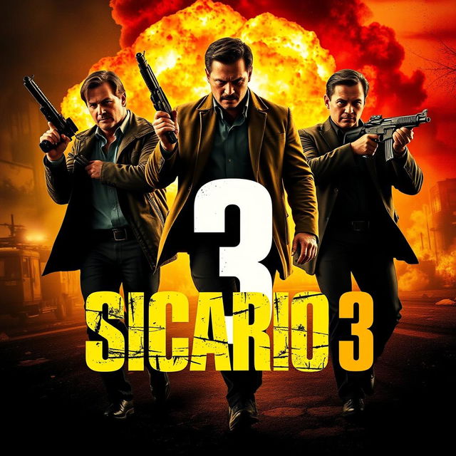 A thrilling poster design for 'Sicario 3,' showcasing the three main characters in a dramatic action scene, all holding weapons