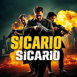 A thrilling poster design for 'Sicario 3,' showcasing the three main characters in a dramatic action scene, all holding weapons