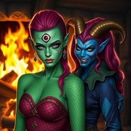 A Yuan-ti pureblood woman with vivid green scaly skin, vibrant bright pink hair cascading down her shoulders, featuring a prominent third eye on her forehead, standing elegantly in front of a crackling fireplace