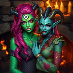A Yuan-ti pureblood woman with vivid green scaly skin, vibrant bright pink hair cascading down her shoulders, featuring a prominent third eye on her forehead, standing elegantly in front of a crackling fireplace
