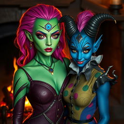 A Yuan-ti pureblood woman with vivid green scaly skin, vibrant bright pink hair cascading down her shoulders, featuring a prominent third eye on her forehead, standing elegantly in front of a crackling fireplace