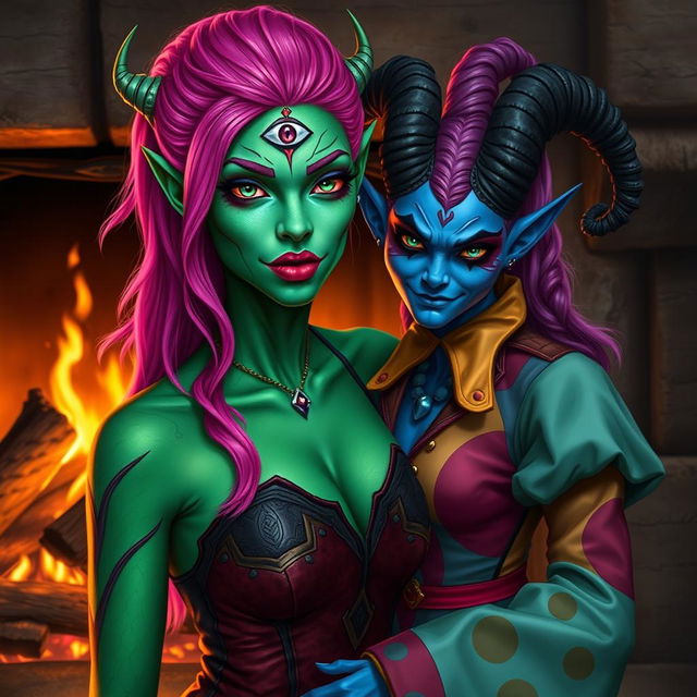 A Yuan-ti pureblood woman with vivid green scaly skin, vibrant bright pink hair cascading down her shoulders, featuring a prominent third eye on her forehead, standing elegantly in front of a crackling fireplace