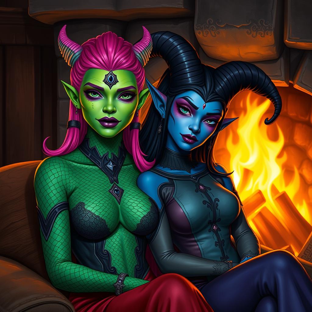 A Yuan-ti pureblood woman with vibrant green scaly skin, striking bright pink hair, and bold purple lipstick