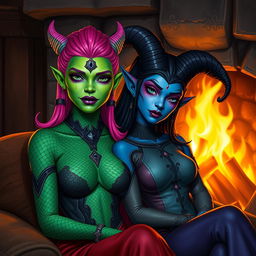 A Yuan-ti pureblood woman with vibrant green scaly skin, striking bright pink hair, and bold purple lipstick