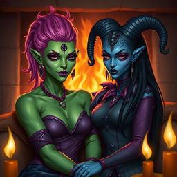 A Yuan-ti pureblood woman with vibrant green scaly skin, striking bright pink hair, and bold purple lipstick