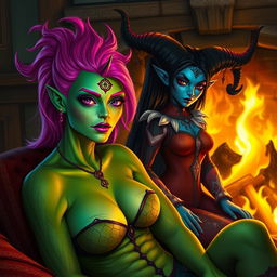 A Yuan-ti pureblood woman with vibrant green scaly skin, striking bright pink hair, and bold purple lipstick