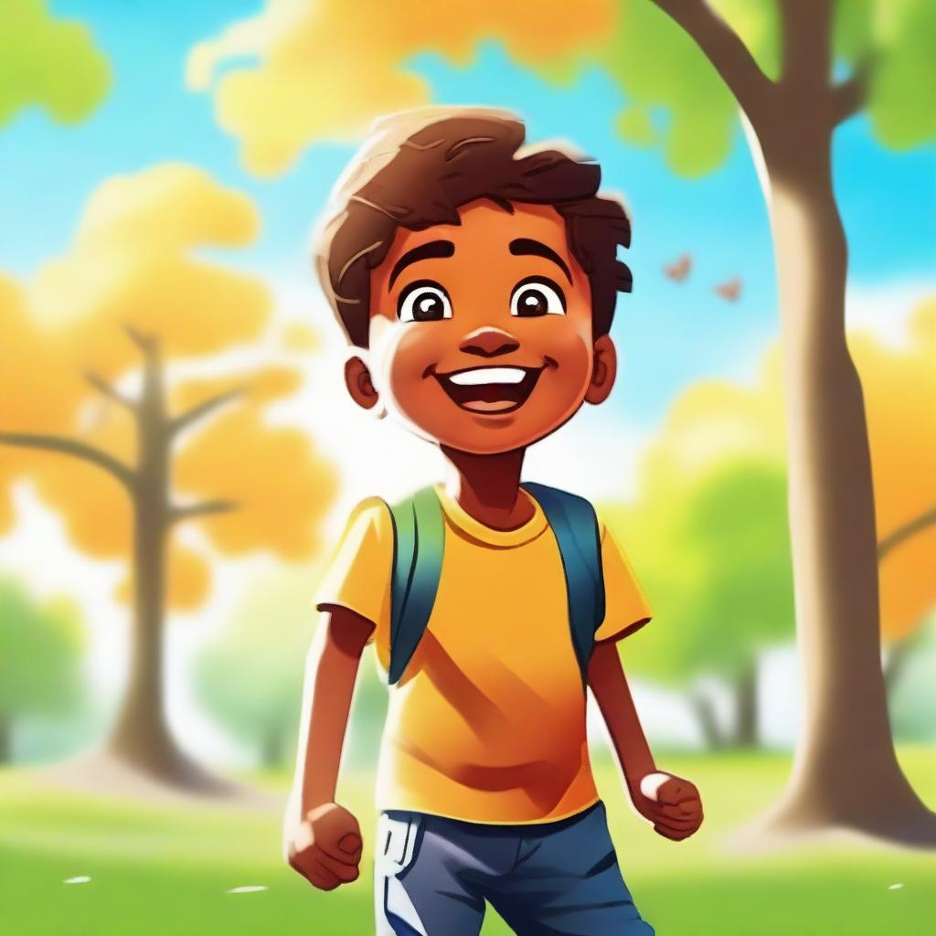 A high-quality digital art image of a young boy named Ali, portrayed as a happy, energetic child in a sunny park