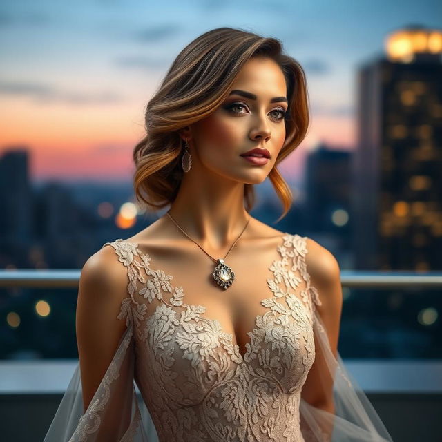 A stunning model wearing an elegant evening gown, showcasing a beautiful pendant that catches the light