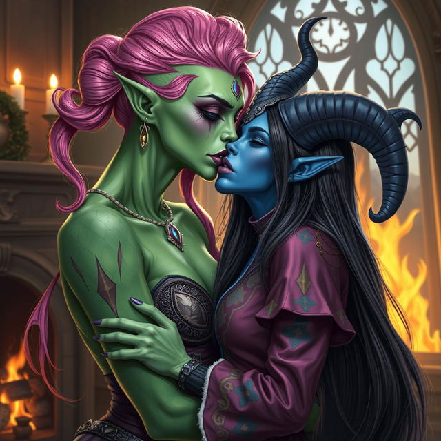 A captivating scene featuring a Yuan-ti pureblood woman with striking green scaly skin, bright pink hair cascading down her shoulders, and bold purple lipstick