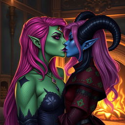 A captivating scene featuring a Yuan-ti pureblood woman with striking green scaly skin, bright pink hair cascading down her shoulders, and bold purple lipstick