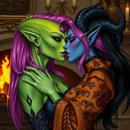 A captivating scene featuring a Yuan-ti pureblood woman with striking green scaly skin, bright pink hair cascading down her shoulders, and bold purple lipstick