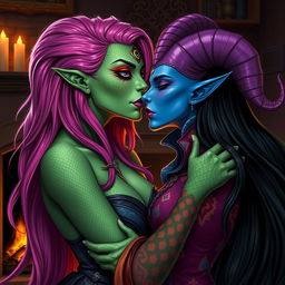A captivating scene featuring a Yuan-ti pureblood woman with striking green scaly skin, bright pink hair cascading down her shoulders, and bold purple lipstick