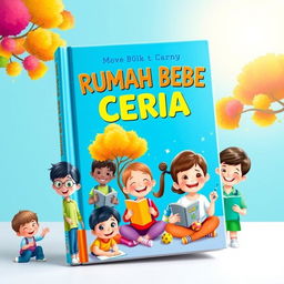 The cover design for the book 'RUMAH BEBE CERIA', featuring a vibrant and cheerful scene with children playing and learning happily