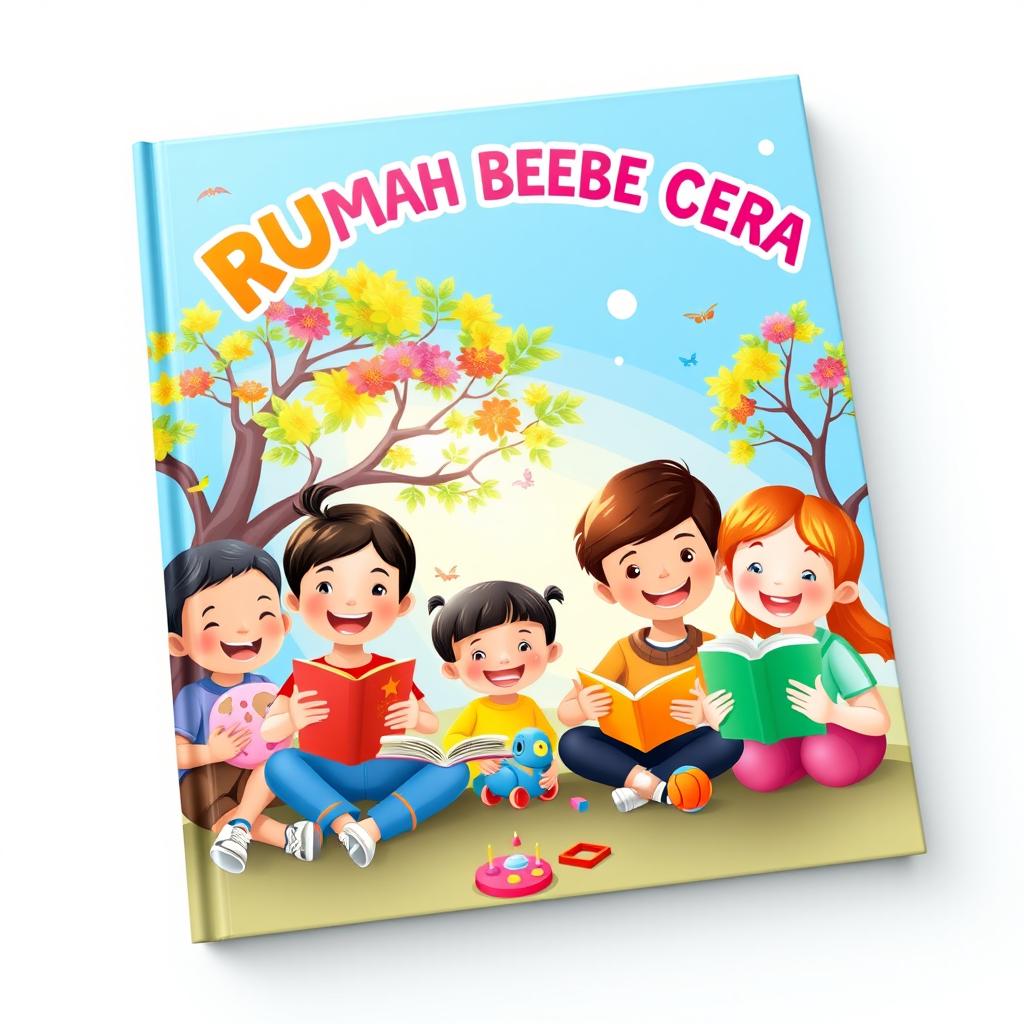 The cover design for the book 'RUMAH BEBE CERIA', featuring a vibrant and cheerful scene with children playing and learning happily