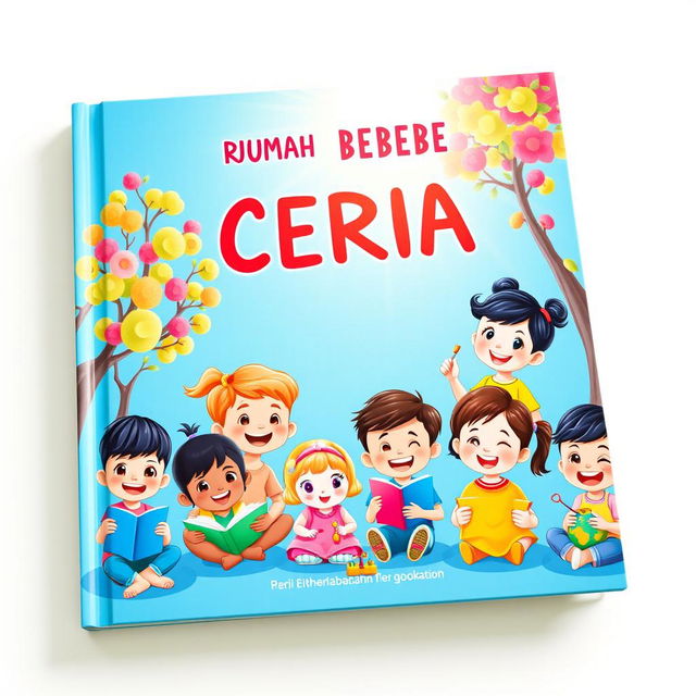 The cover design for the book 'RUMAH BEBE CERIA', featuring a vibrant and cheerful scene with children playing and learning happily