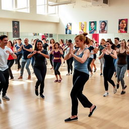 A lively dance class in a spacious studio filled with natural light