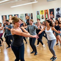A lively dance class in a spacious studio filled with natural light