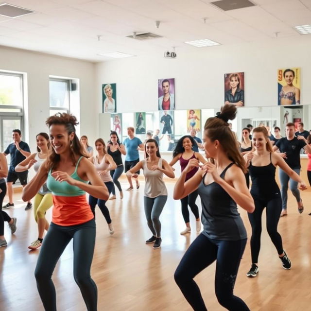 A lively dance class in a spacious studio filled with natural light