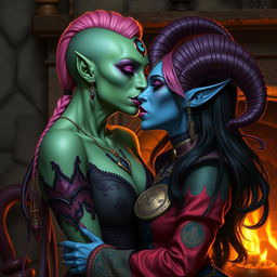 A Yuan-ti pureblood woman with smooth green scaly skin, bright pink hair styled elegantly, and striking purple lipstick