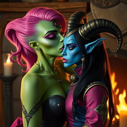A Yuan-ti pureblood woman with smooth green scaly skin, bright pink hair styled elegantly, and striking purple lipstick