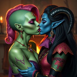 A Yuan-ti pureblood woman with smooth green scaly skin, bright pink hair styled elegantly, and striking purple lipstick
