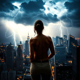A dramatic image showcasing a bustling New York City skyline under a stormy sky, highlighted by vivid lightning strikes illuminating the buildings