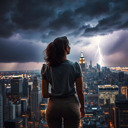 A dramatic image showcasing a bustling New York City skyline under a stormy sky, highlighted by vivid lightning strikes illuminating the buildings