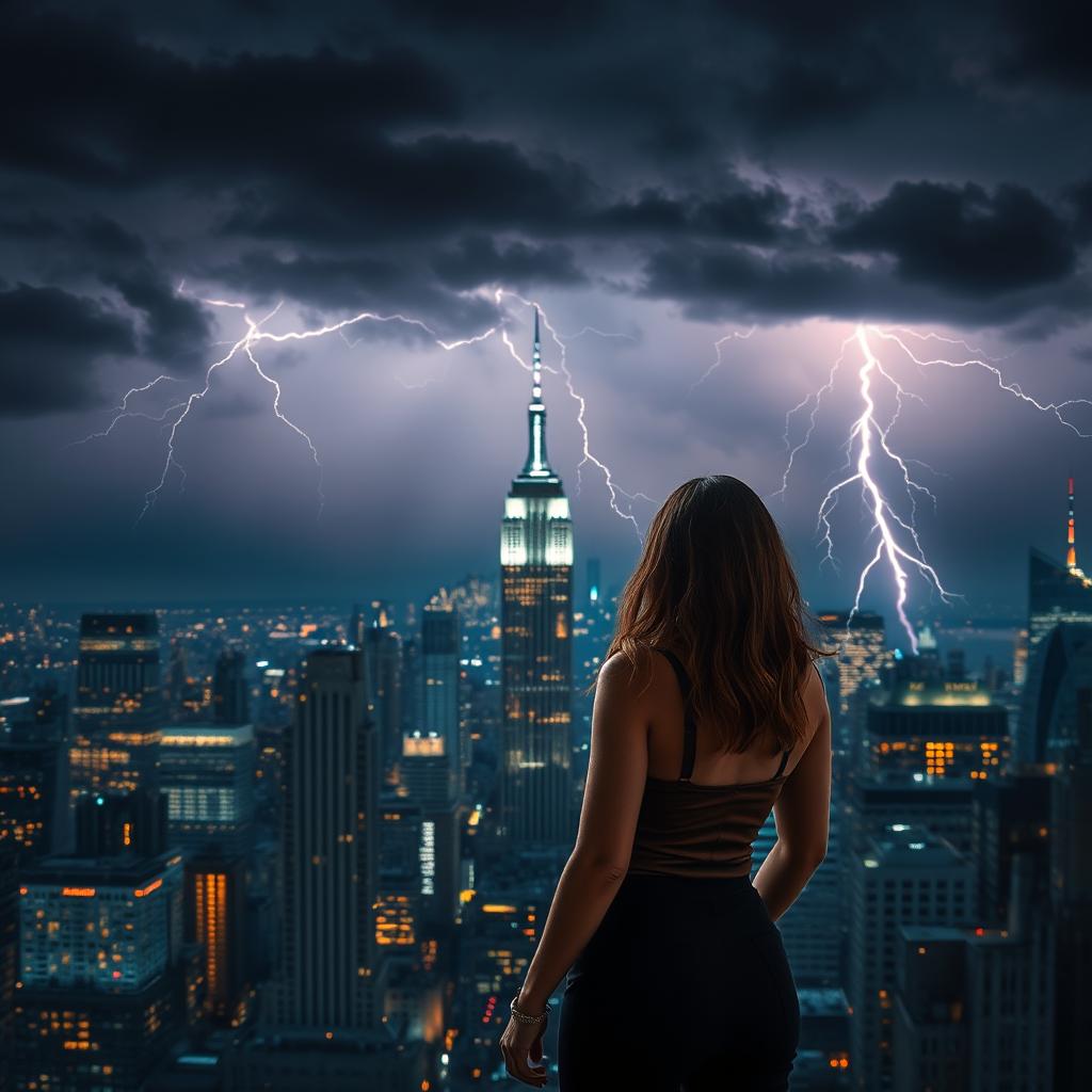 A dramatic image showcasing a bustling New York City skyline under a stormy sky, highlighted by vivid lightning strikes illuminating the buildings