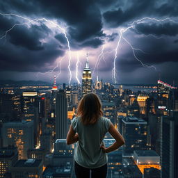 A dramatic image showcasing a bustling New York City skyline under a stormy sky, highlighted by vivid lightning strikes illuminating the buildings