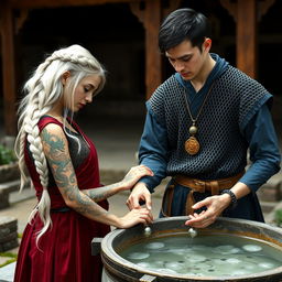 A serene scene in an outdoor monastery setting featuring a woman with long white hair styled in a braid, adorned in traditional monk robes