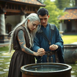 A serene scene in an outdoor monastery setting featuring a woman with long white hair styled in a braid, adorned in traditional monk robes