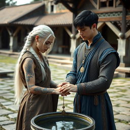 A serene scene in an outdoor monastery setting featuring a woman with long white hair styled in a braid, adorned in traditional monk robes