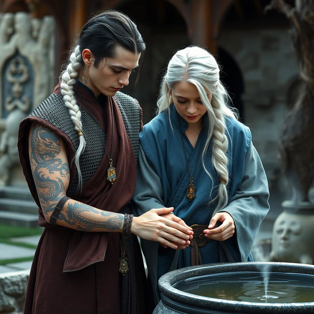 A serene scene in an outdoor monastery setting featuring a woman with long white hair styled in a braid, adorned in traditional monk robes