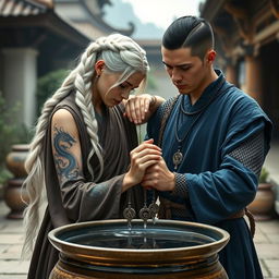 A serene scene depicting a woman with long, beautifully styled white hair in a braid, wearing traditional monk robes