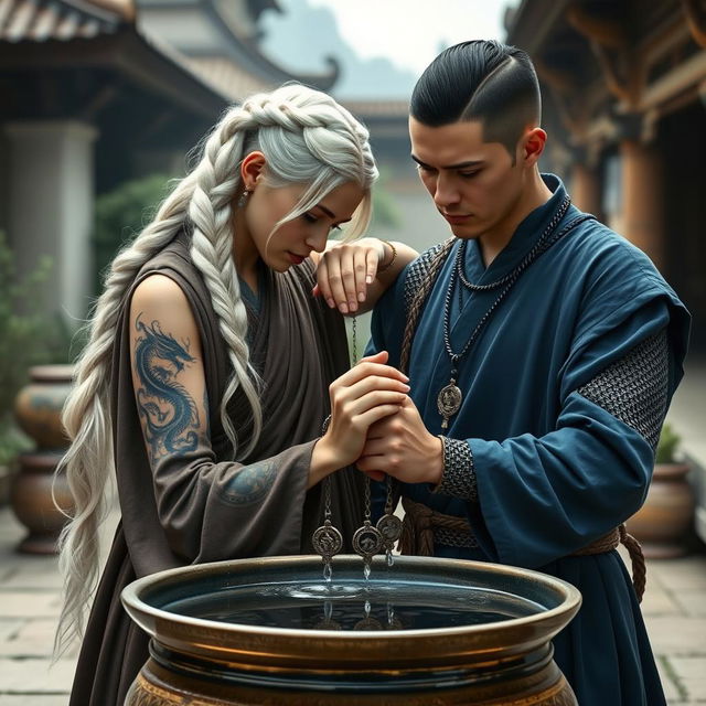 A serene scene depicting a woman with long, beautifully styled white hair in a braid, wearing traditional monk robes