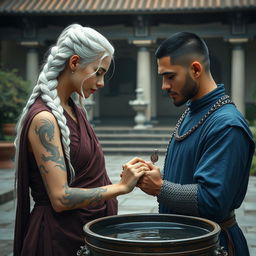A serene scene depicting a woman with long, beautifully styled white hair in a braid, wearing traditional monk robes
