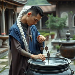 A serene scene depicting a woman with long, beautifully styled white hair in a braid, wearing traditional monk robes