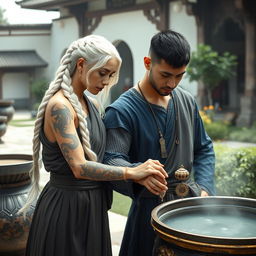 A serene scene depicting a woman with long, beautifully styled white hair in a braid, wearing traditional monk robes