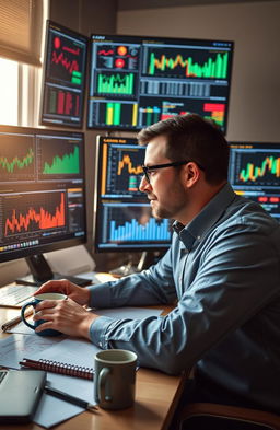 A professional data analyst focused on interpreting complex datasets using advanced software tools, surrounded by multiple computer screens displaying colorful graphs, charts, and numerical data