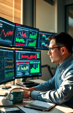 A professional data analyst focused on interpreting complex datasets using advanced software tools, surrounded by multiple computer screens displaying colorful graphs, charts, and numerical data