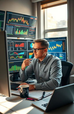 A professional data analyst focused on interpreting complex datasets using advanced software tools, surrounded by multiple computer screens displaying colorful graphs, charts, and numerical data