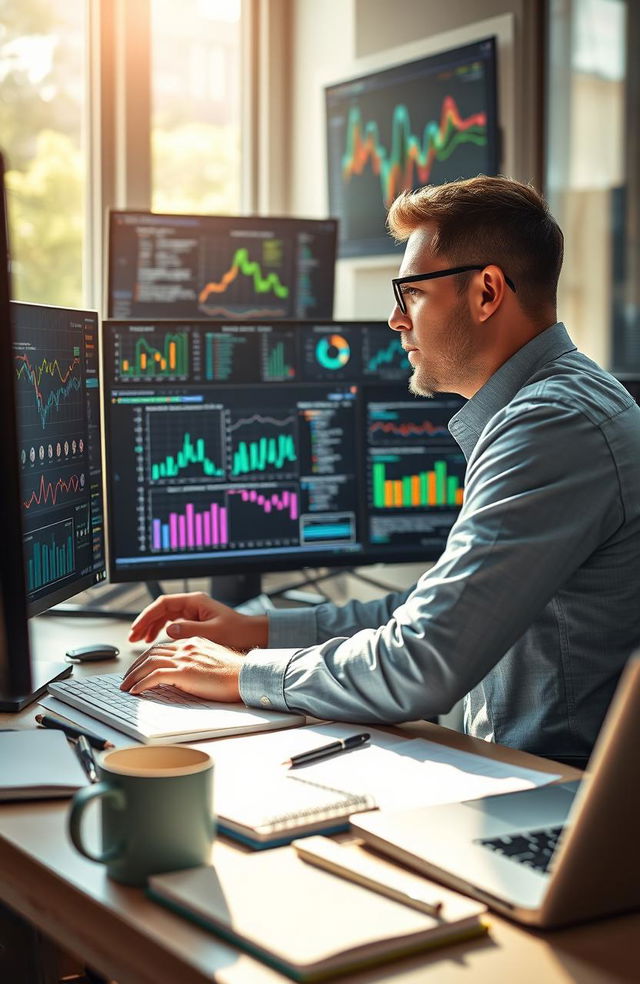 A professional data analyst focused on interpreting complex datasets using advanced software tools, surrounded by multiple computer screens displaying colorful graphs, charts, and numerical data