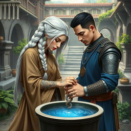 A woman with long white hair styled in a braid, adorned in traditional monk robes, stands beside a man with short black hair, clad in chainmail and a blue tunic