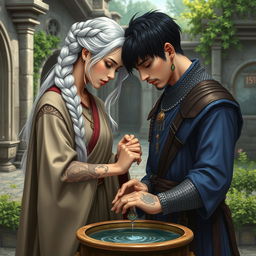 A woman with long white hair styled in a braid, adorned in traditional monk robes, stands beside a man with short black hair, clad in chainmail and a blue tunic