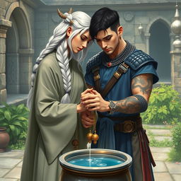 A woman with long white hair styled in a braid, adorned in traditional monk robes, stands beside a man with short black hair, clad in chainmail and a blue tunic